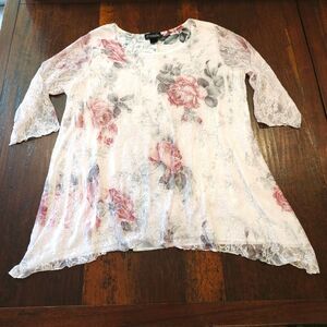 floral lace overlay blouse fits XL sheer romantic top 3/4 sleeve vintage garden